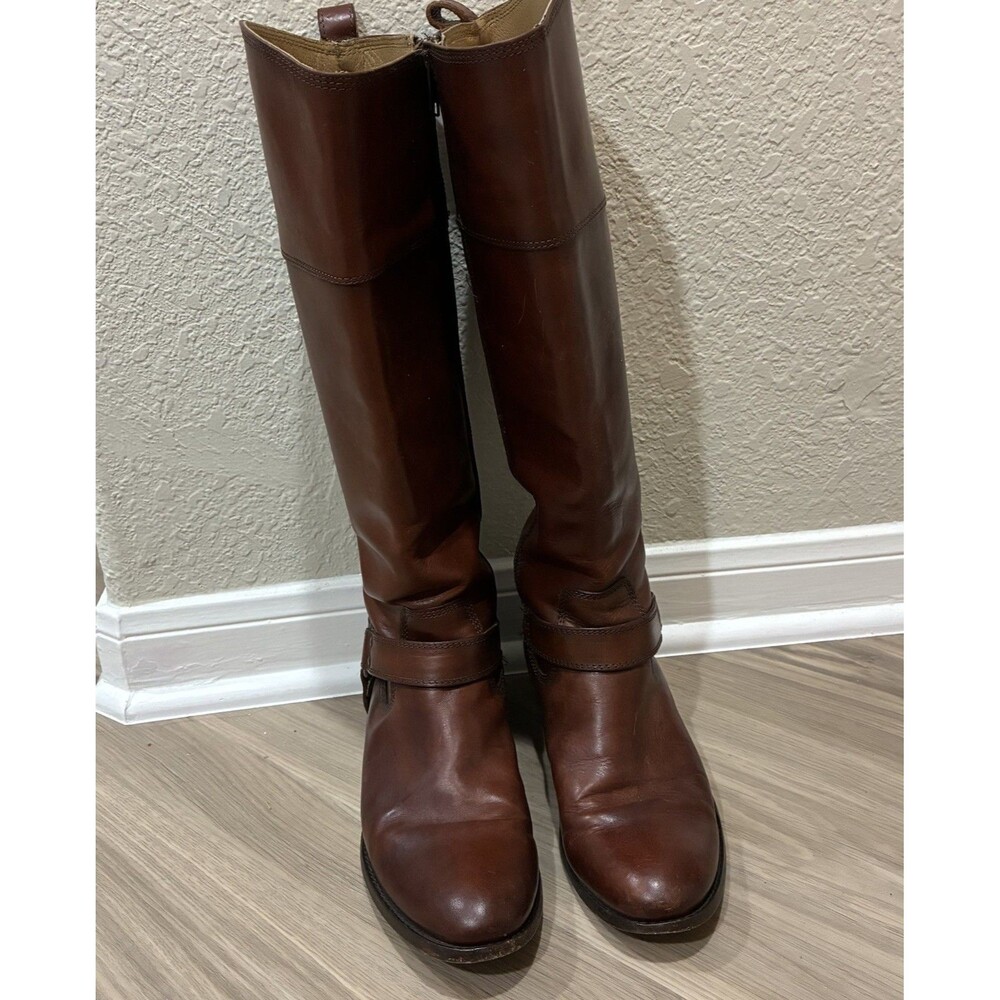 Frye Harness Brown Leather Knee High Riding Boots Zip Round Toe Women’s 8.5 B - Picture 2 of 8